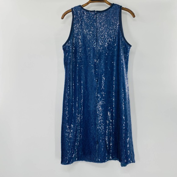 Carmen Marc Valvo Denim Blue Sequin Sleeveless Shift Dress Size 6 Small - Picture 13 of 14